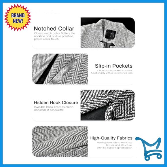 Herringbone Tweed Blazer Slim Fit Long Lined Open Front Work Office Coat - Picture 6 of 7